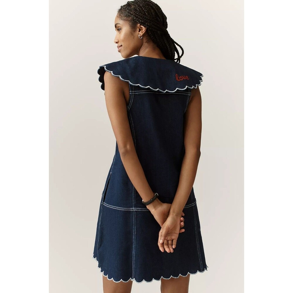 Anthropologie Pilcro Scalloped Denim Buttondown Dress Sleeveless Navy MP 288613 - Picture 4 of 10